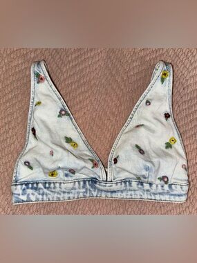 Wild Fable Denim Floral Bikini Crop Top XS Blue Embroidered Festival Boho